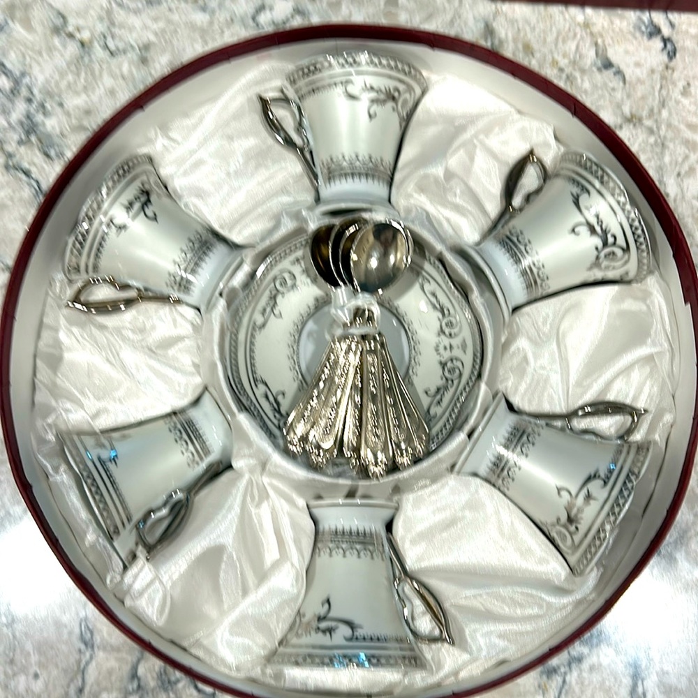 T. Bavaria Germany Tea Cup & Saucer. Light White/Silver Tea Set of 6